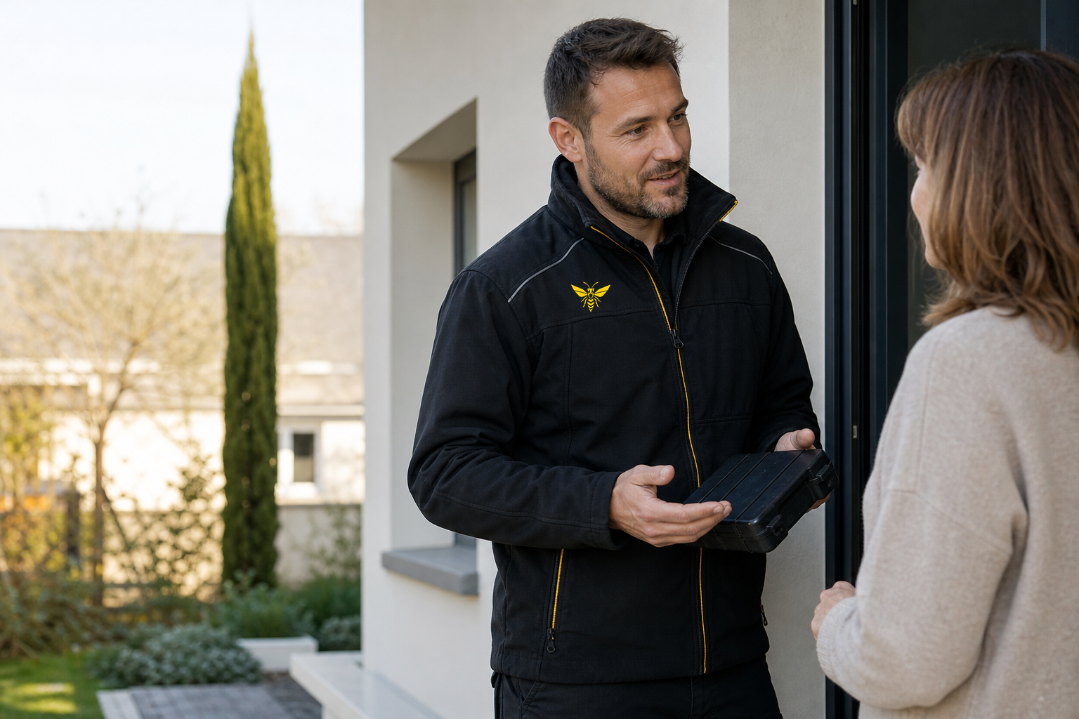 Un technicien Allo Nuisible Pro échange avec une cliente
